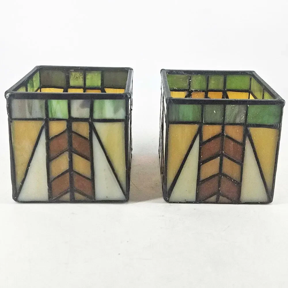 2 Vintage PartyLite Tiffany Style Art Deco Look Stained Glass Candle Holders